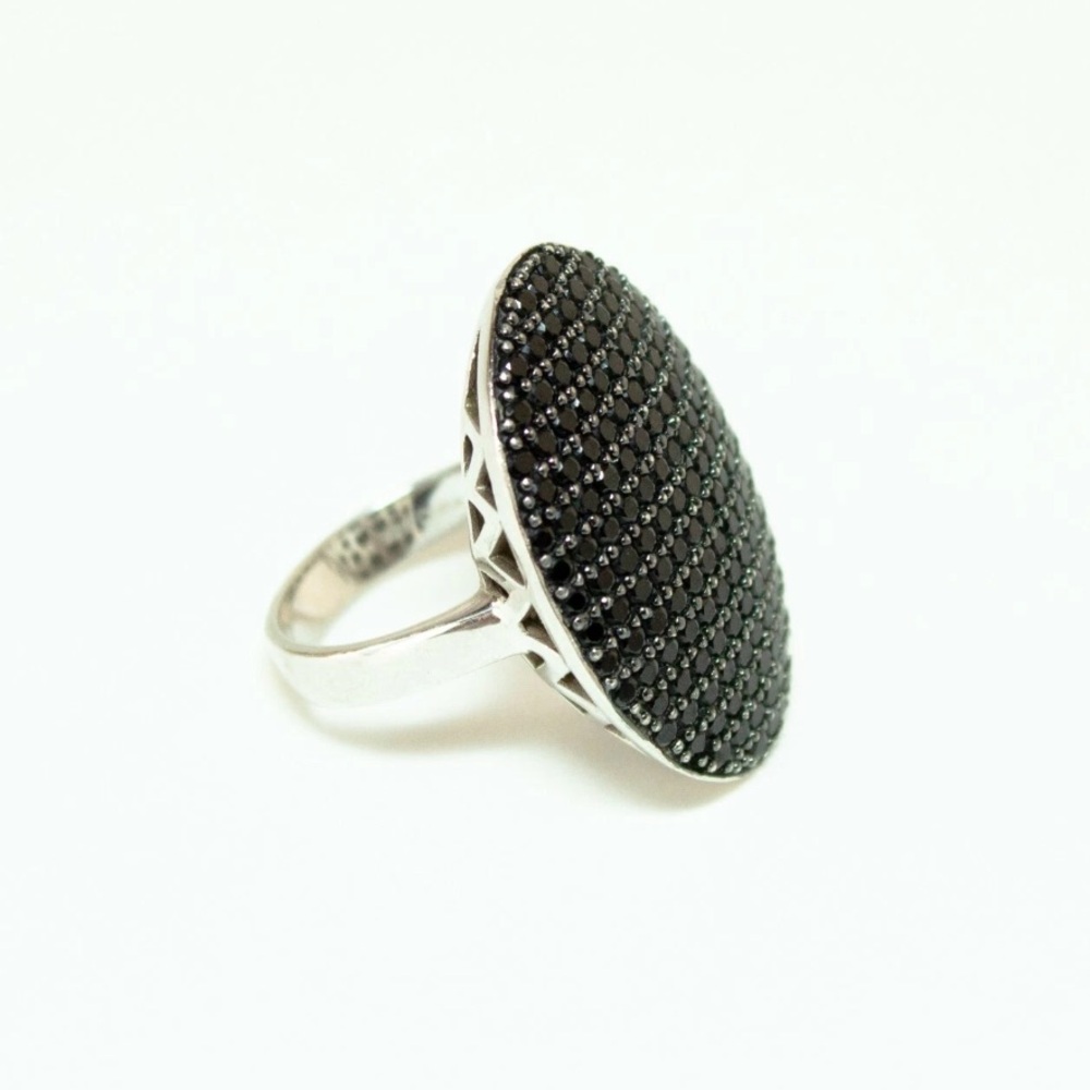 KJC .925 Solid Sterling Silver Black Spinel Pavé Openwork Cocktail Ring Size 11